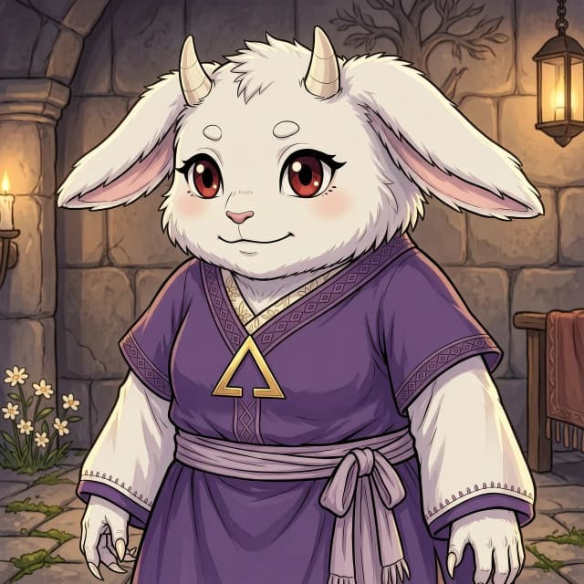 toriel (undertale), anthro, white fur, floppy ears, small horns, dark red eyes, long eyelashes, clawed hands, purple robe, white sleeves, delta rune emblem on chest, mature female, motherly, 1girl, <lora:toriel_v1:0.8>