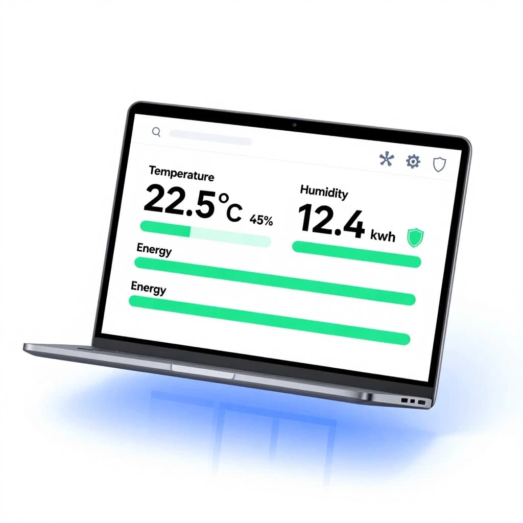 Modern laptop screen floating above a schematic building outline, displaying a clean and minimalist dashboard. Dashboard features large legible numbers: "Temperature 22.5°C", "Humidity 45%", "Energy 12.4 kWh". Simple horizontal green progress bars next to each value. Small pictograms of a fan, a gear, and a shield are placed nearby. The scene is bright, white background with subtle blue gradients, no clutter, clear data visualization concept. Style: flat design with soft shadows, user-friendly interface, corporate advertising style, 4k. --ar 16:9