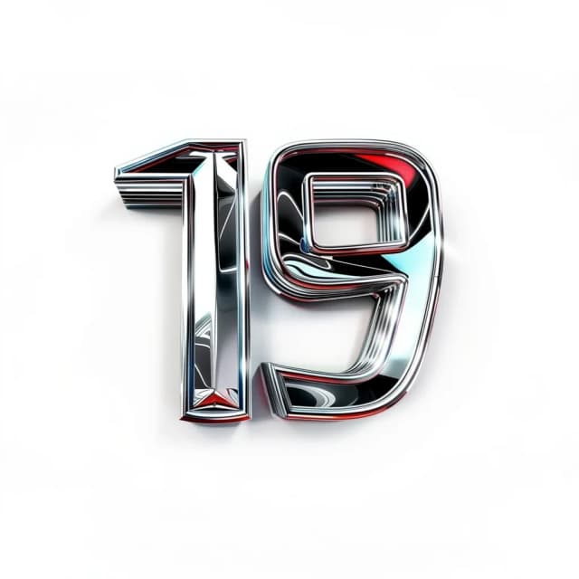 Premium automotive logo, bold "19" icon as main wordmark, inspired by Rolls-Royce emblem style, clean geometric shape, sharp edges, metallic chrome finish with red-blue accent outline, high-gloss reflections, professional vector style, ultra-symmetry, powerful and minimal design, 3D depth but clean silhouette, centered layout, white background, high-resolution SVG look, modern automobile branding, futuristic but elegant