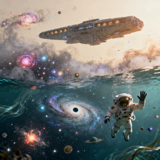 (Best angle, close-up:1.3). Under the water. In the spectacular style of Chesley Bonestell. Create an amazing digital work of art with double exposure, which opens up a breathtaking starscape underwater. A three-dimensional cosmic fog swirls in the form of a finely dispersed suspension, filled with miniature galaxies, colorful nebulae emitting an unearthly glow, and twinkling stars creating intricate patterns. In the distance, a complex alien spaceship with many elongated compartments hovers, and in the foreground, a friendly astronaut, carelessly flying in the weightlessness of outer space, waves to the viewer. The cosmic interior includes a miniature spiral galaxy in the center, a small black hole with an accretion disk, cosmic dust forming fascinating shapes, and a tiny supernova explosion. The stage is flooded with soft cosmic light, and the currents look like streams of energy. The atmosphere combines magical realism and a touch of wonder, creating a portal to space underwater. The composition balances between chaos and order, thanks to over-detailed miniature elements and realistic cosmic phenomena enhanced by otherworldly light, resulting in a warm, inviting glow. On a light background. Delicate textures, light, flying, weightless three-dimensional style.