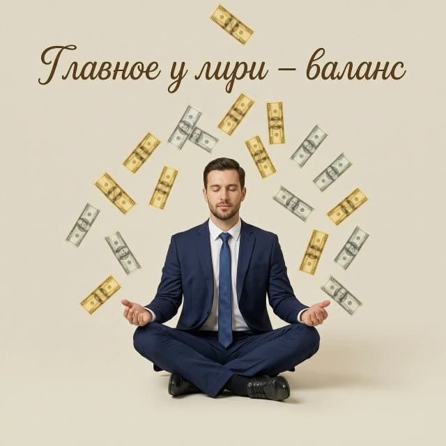 На изображении представлен мужчина в офисном костюме, сидящий в классической позе лотоса. Эта поза символизирует спокойствие, гармонию и внутреннюю сосредоточенность. Вокруг медитирующего мужчины в воздухе парят денежные купюры различных номиналов. Купюры словно спускаются сверху, создавая ощущение потока благополучия и успеха.

Цветовая гамма:
Фон может быть выполнен в спокойных, нейтральных тонах — светло-бежевых или пастельных оттенках, чтобы не отвлекать внимание от главного элемента композиции. Сами купюры могут быть изображены в золотистых или серебристых тонах, подчёркивая их ценность и значимость.

Надпись:
Над изображением красивая надпись: «Главное в жизни — баланс».