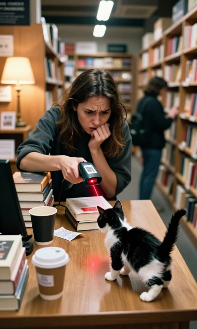 Photorealistic shot from a high, slightly tilted angle (Dutch angle) looking down at a small, cozy bookstore counter. A part-time student worker is in the middle of a shift: they’re hunched over a stack of new books, trying to scan a barcode with a handheld scanner. Their expression is a mix of concentration and mild panic—a strand of hair has fallen over their face, and they’re biting their lip. Right in the middle of the scanner’s path, a tiny black-and-white tuxedo kitten is playfully batting at the red laser light, completely unaware it’s blocking the scan. The kitten’s movements are caught mid-action: one paw extended, tail curved in a question mark. The counter is cluttered with realism: a half-drunk cold coffee in a paper cup, a crumpled receipt, a small nametag. The background shows the narrow aisles of the bookstore, slightly out of focus, with a customer browsing in the distance. The lighting is a mix of cool fluorescent overhead lights and warm lamp light from a reading nook, creating a contrast of tones. Mood: chaotic, funny, relatable. 8K, octane render, volumetric light, realistic textures of paper, cardboard, fur, and plastic, no stylization.
