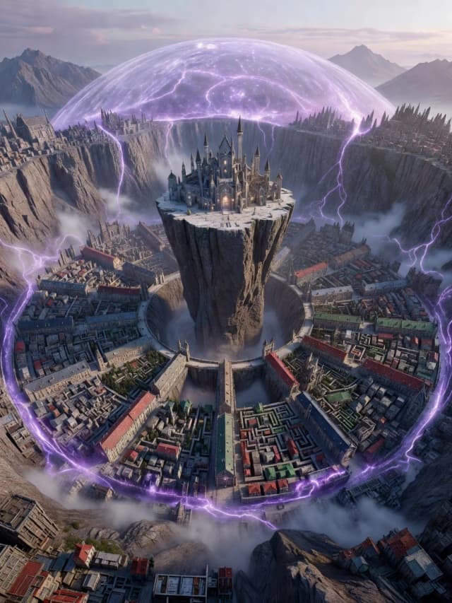 First-person perspective from the outskirts looking inward. A concave circular city nestled within a mountain ring. Elevation gradient: high at the edges, descending to a central crater. A solitary steep-sided rock pillar in the exact center, flat on top, holding a magical academy, its height level with the peripheral slums. Radial urban planning: 12 sectors diverging from the center like a clock, each sector features uniform roof colors but chaotic, labyrinthine street layouts with no right angles. A shimmering violet energy dome encases the entire city, anchored to the surrounding cliffs. Style: photorealistic fantasy, intricate urban sprawl, misty morning, mystical atmosphere, highly detailed stone architecture