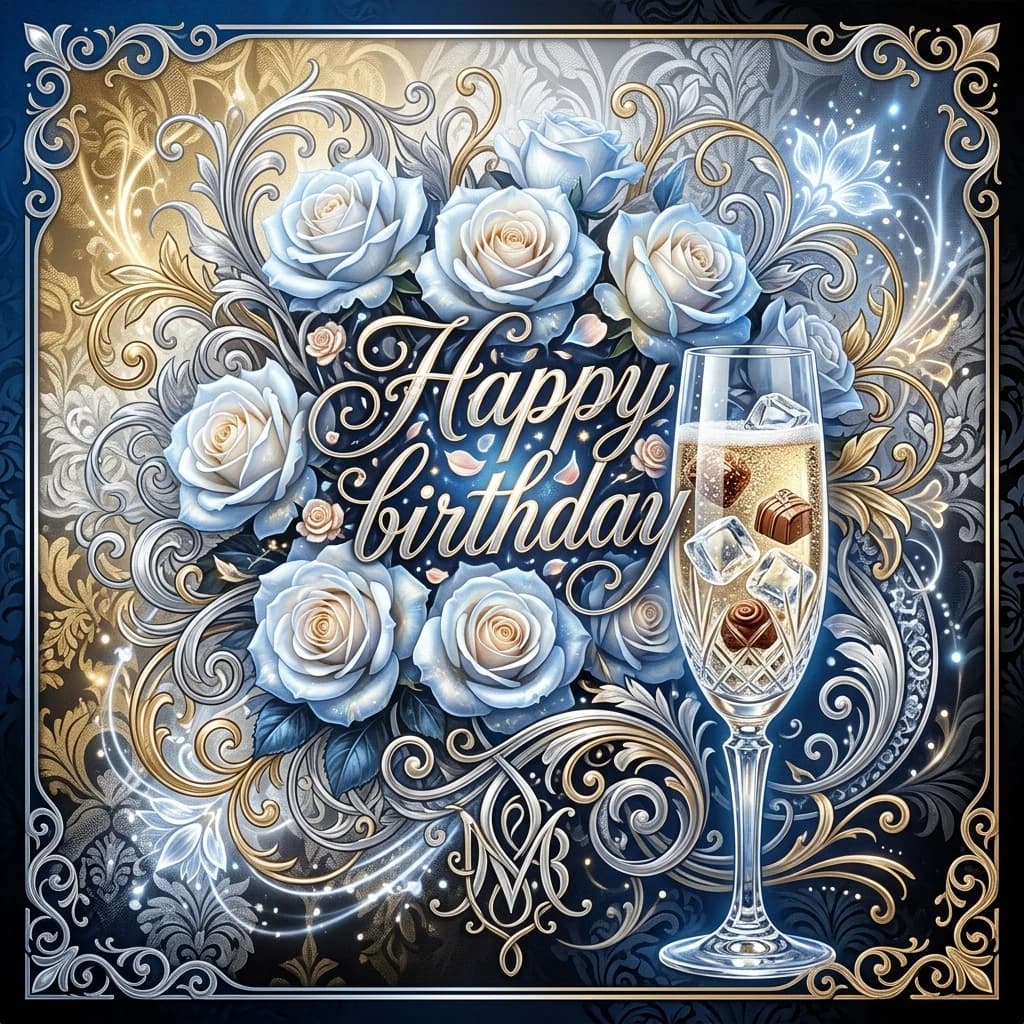 (Crystal tall glass):champagne with ice cubes and chocolate.(Birthday greeting card) Postcard design: blue and black with ((decorated with silver curls, monograms in a summer fantasy style)) . In the center of the card is a bouquet with white roses with the inscription ("Happy birthday)" ((Bouquet of white roses)) (Bouquet color): white with a blue tinge. (Background color) :golden, silver-white, silver-blue, silver-black. (Style): fantasy, floristry, art design, Rococo Baroque, double exposure, close-up.Beautiful Italian coursework font decorated with rose petals. The inner light. High quality, 4k, intricate details.