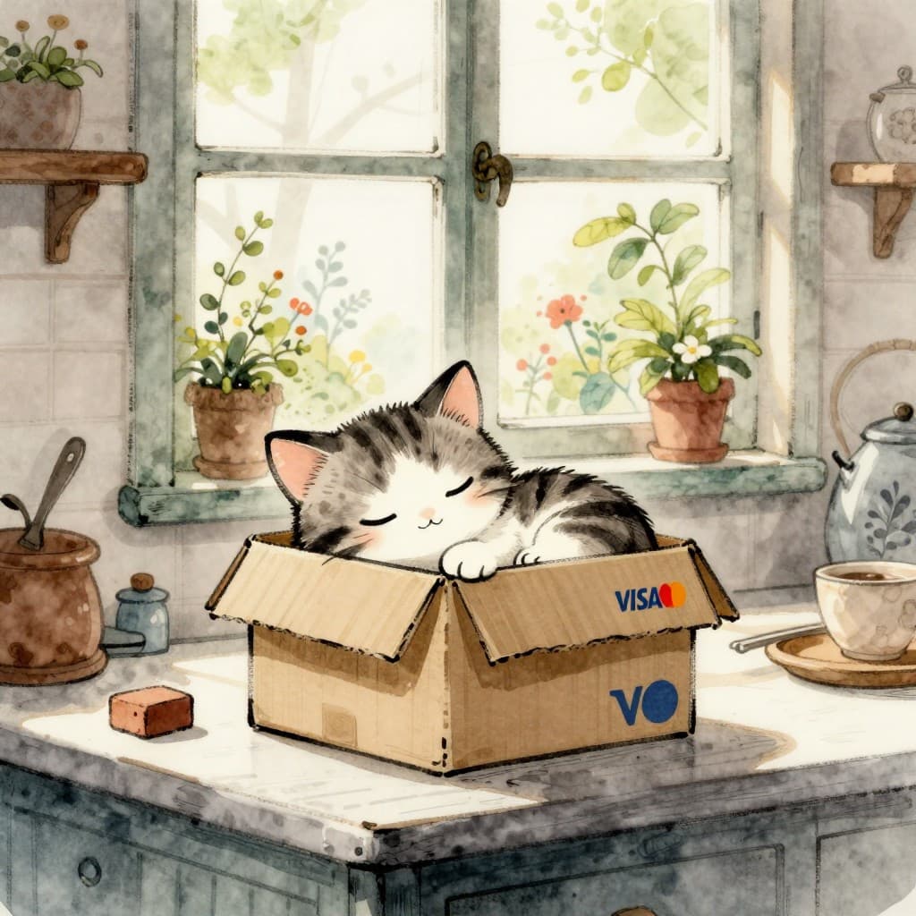 Котёнок в картонной коробке, нежная акварель