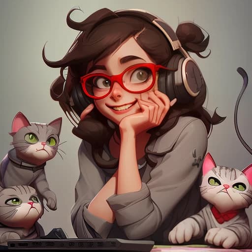 Девочка играет в компьютерные игры в наушниках и с микрофоном и в очках брюнетка и игрушки на фоне твич стримит и улыбается рядом серый кот