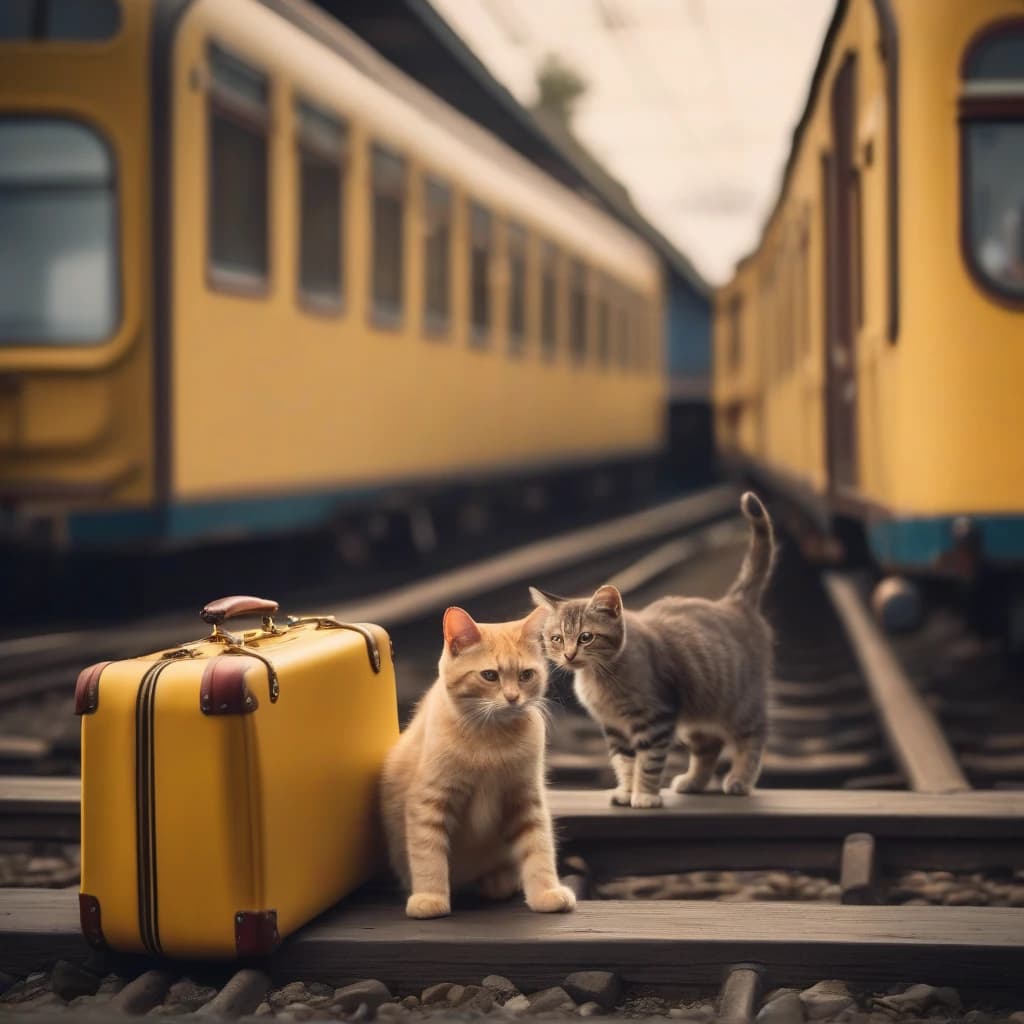 a cat and a kitten stand on two legs, a cat holds a red little bag, stands on a railway station, a kitten stands next to the cat, he put his paw on a yellow suitcase, the suitcase is on the floor