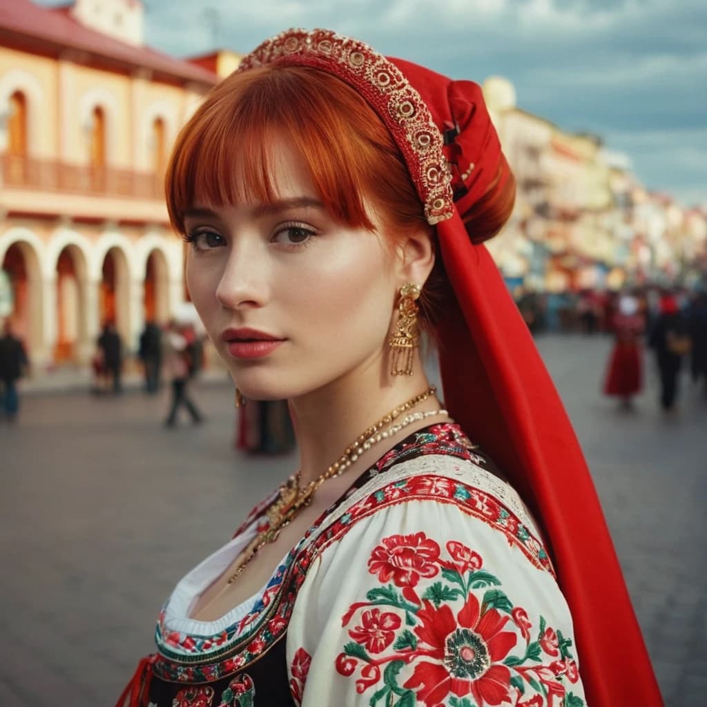 Город Чита в образе красивой русоволосой девушки в традиционном народном костюме, на фоне городских достопримечательностей, высокая детализация