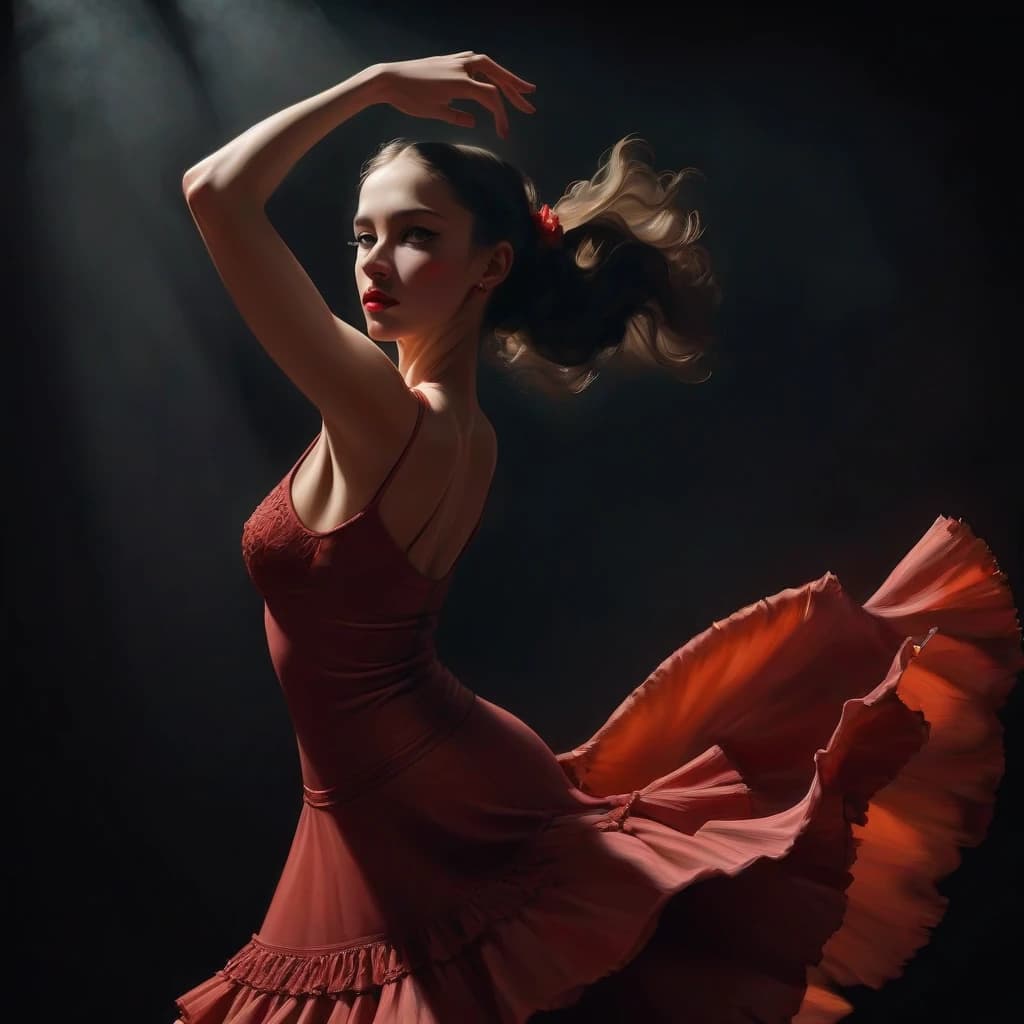flamenco dance, a beautiful
girl dancing flamenco, passionately, in love, gracefully, beauty, subdued intimate light, complex steps, castanets, the audience is visible around in the semi-darkness