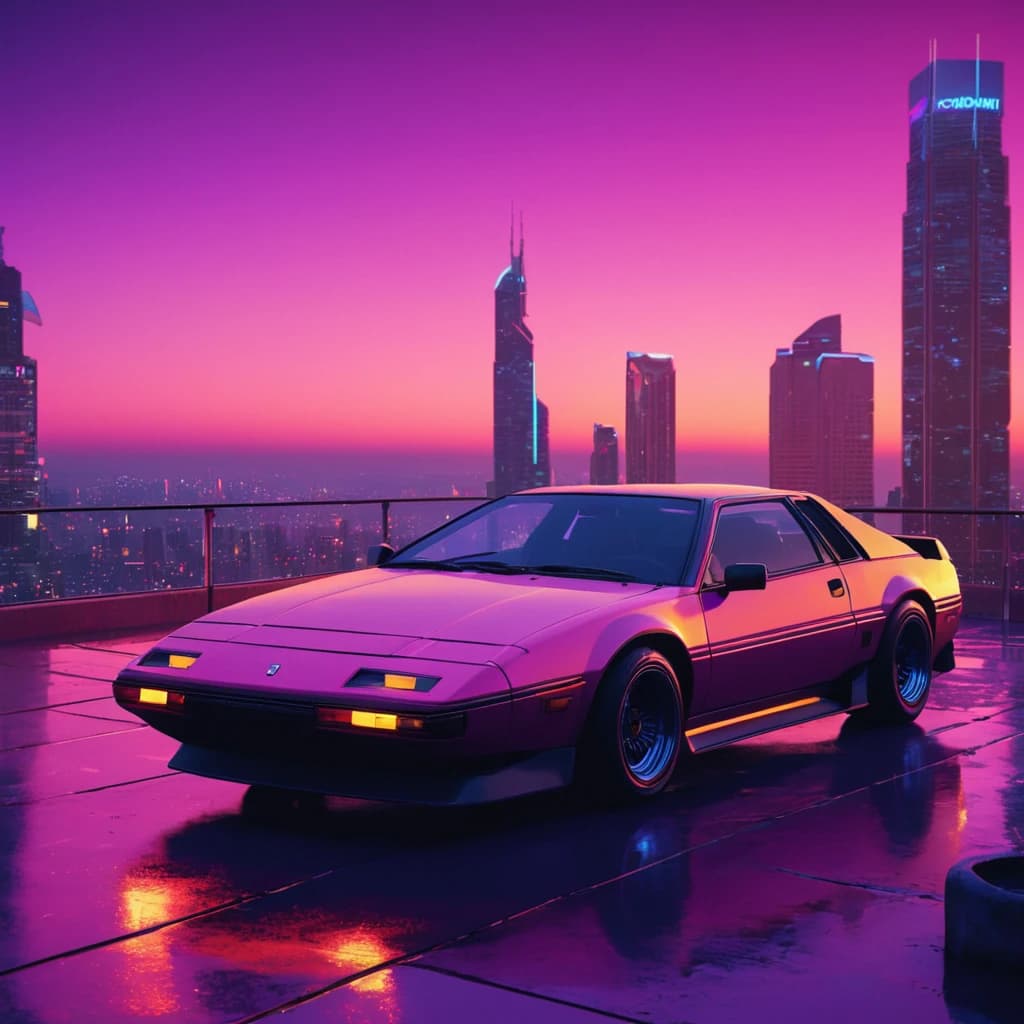 a car is parked on the roof of a building, synthwave background, nocturnal palette, animation cinematic, over the horizon, anime screenshot pattern, streaming, videogame render, full view of a car, splashscreen, album art cover, screenshot from the game, nightlife