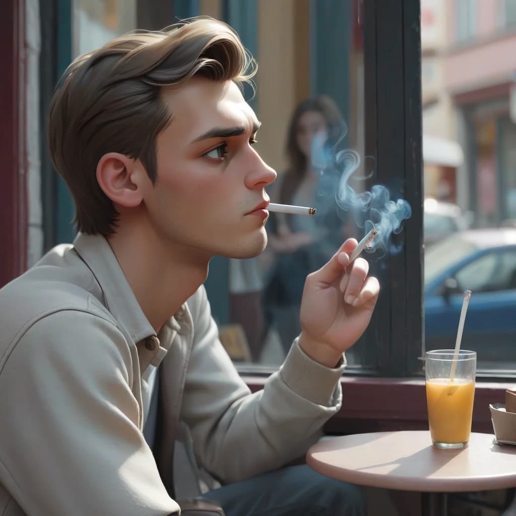 a young guy is sitting and looking at the street from a cafe, he is smoking, a beautiful girl passes by the window