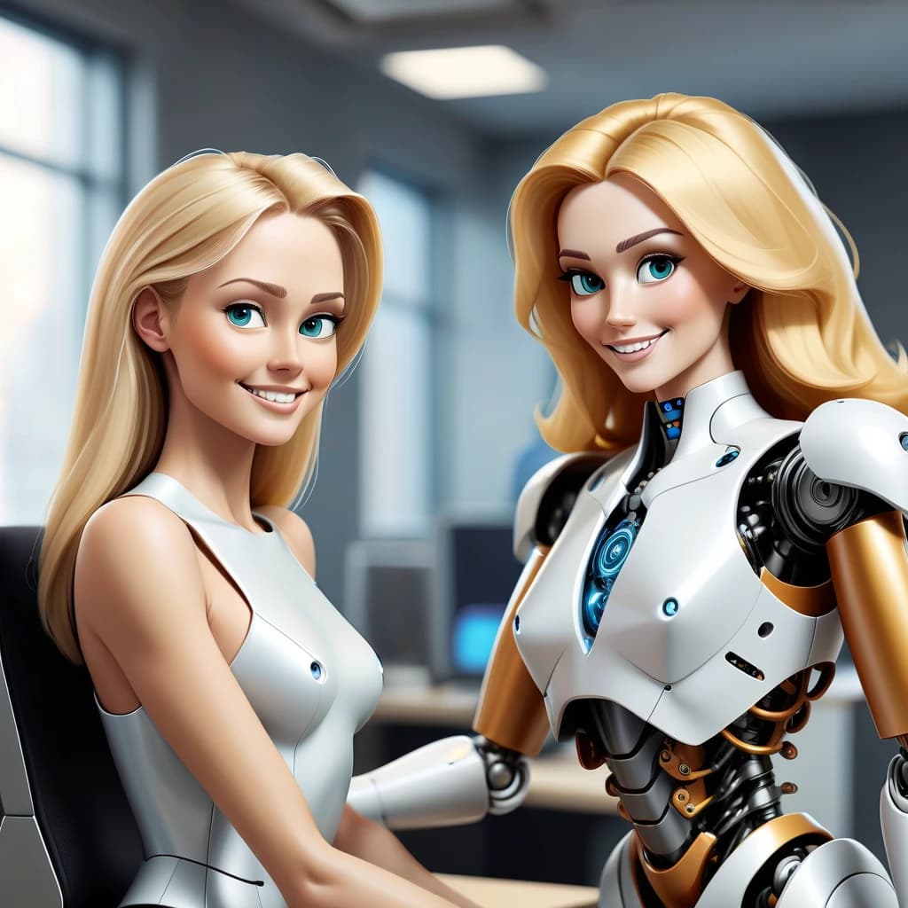The male robot and the beautiful human-woman with blonde hair are working successfully together at the computer. Both the robot and the woman look friendly and are smiling. They eare working in the modern office. Superrealism. High quality
