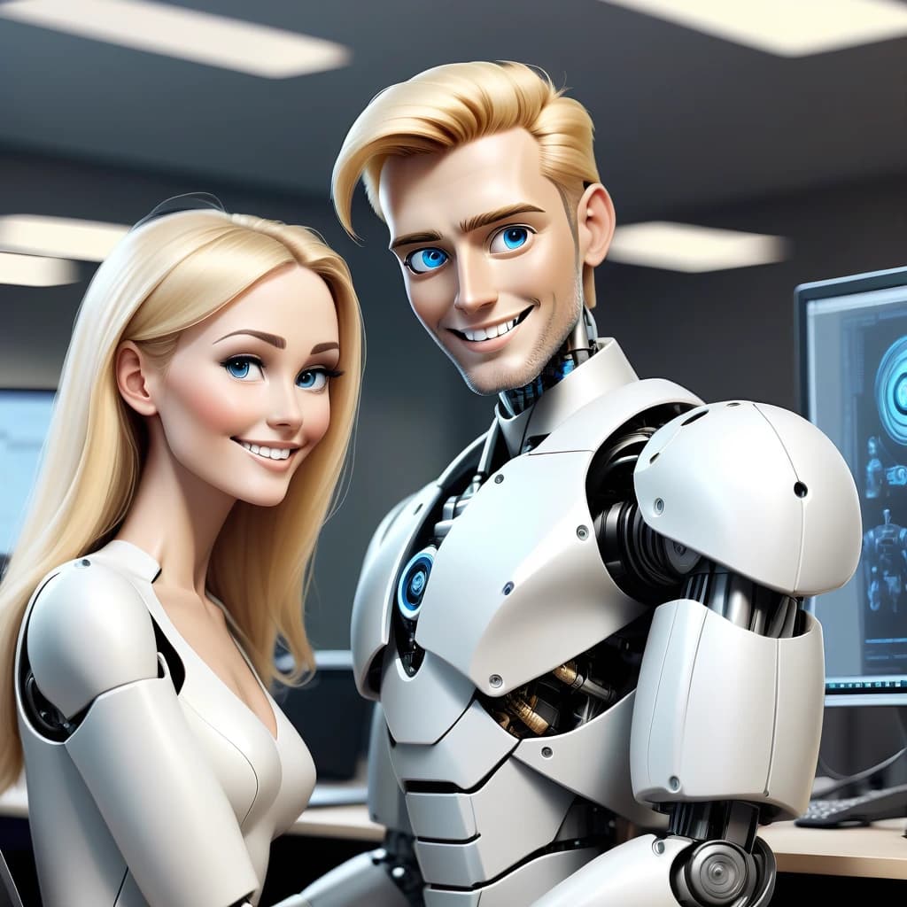 The male robot and the beautiful human-woman with blonde hair are working successfully together at the computer. Both the robot and the woman look friendly and are smiling. They eare working in the modern office. Superrealism. High quality