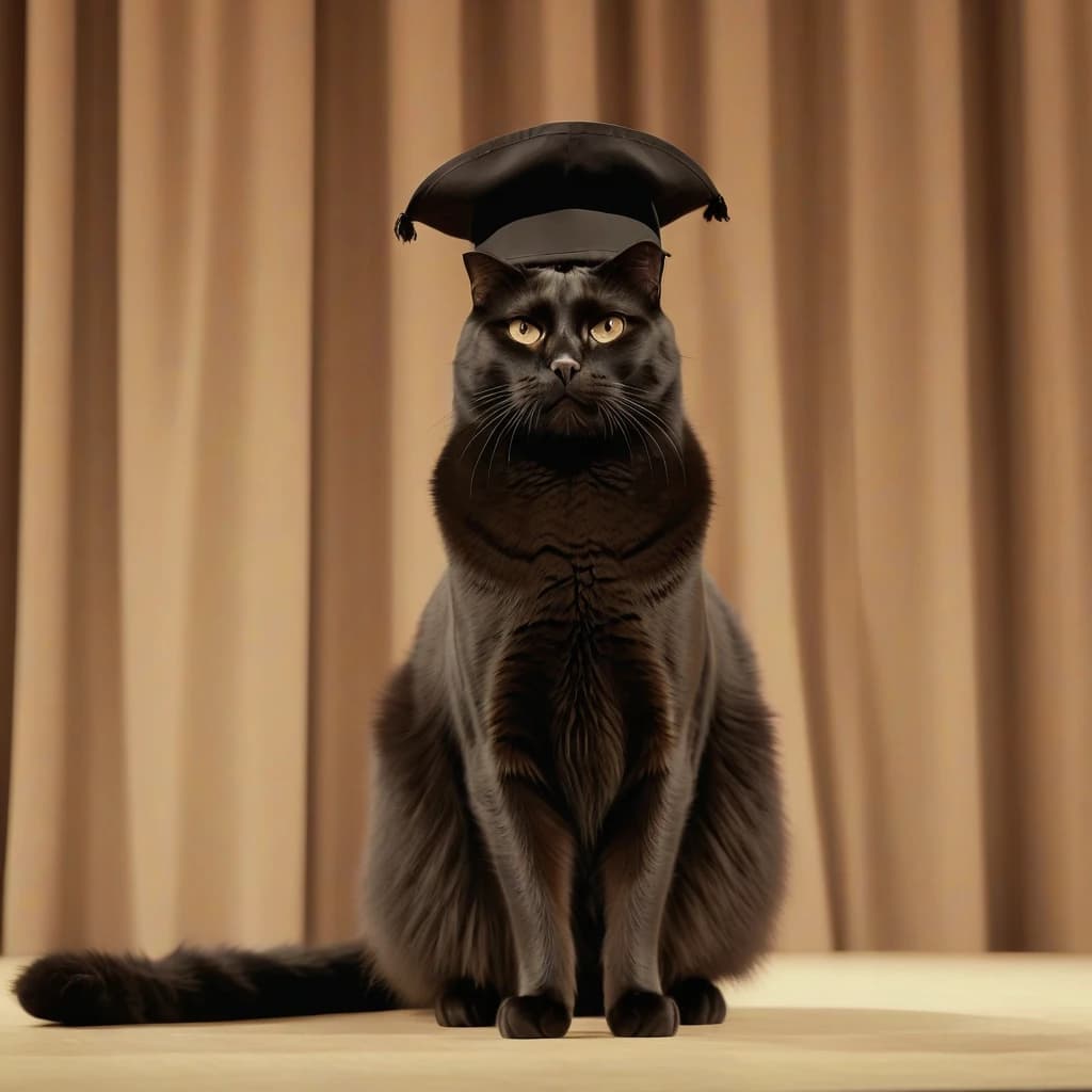 8K, highly detailed image, high image detail, high image quality, dslr, good lighting, Painted picture, huge fat black cat in black coat and black hat standing on hind legs on stage, close-up, sepia tone