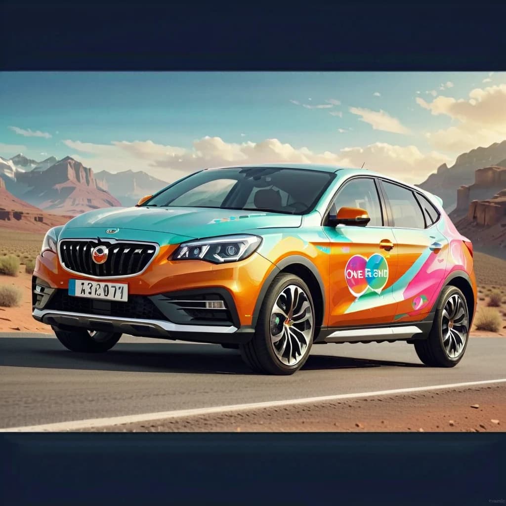 One side of the car has a beautiful advertising sticker that catches the eye and attracts attention, The colours are bright, the design is attractive, The sticker is aesthetically pleasing, it serves as an effective way of advertising.