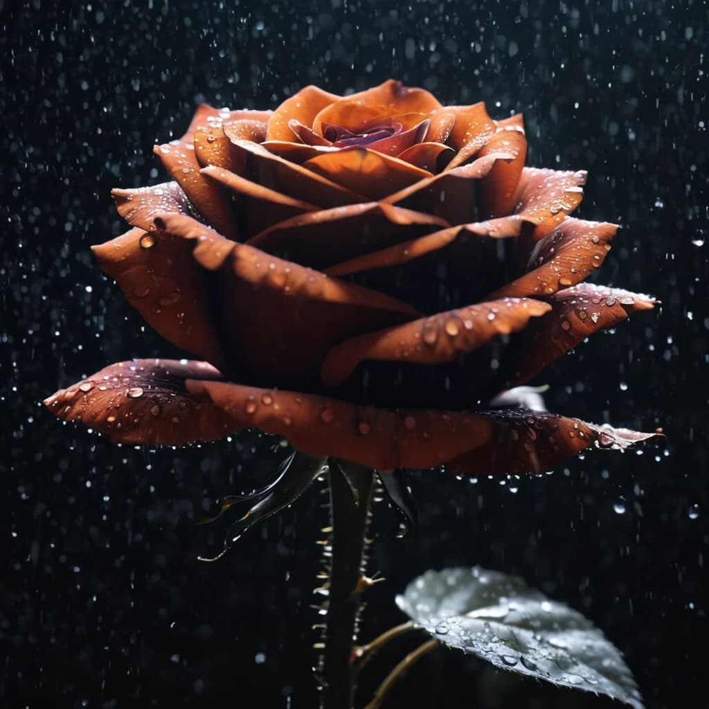 ASCII Masterpiece, (cosy), (ultra high res, mj,best quality,highly detailed:1.5),(cinematic),(volumetric lighting, volumetric shadows:1.5),Amazing, (8k details),(photorealistic:1.4), (warm lighting,ray tracing,dynamic lighting:1.5),
a black rose up close illuminated by divine grace radiated with ancestral light on a rainy day