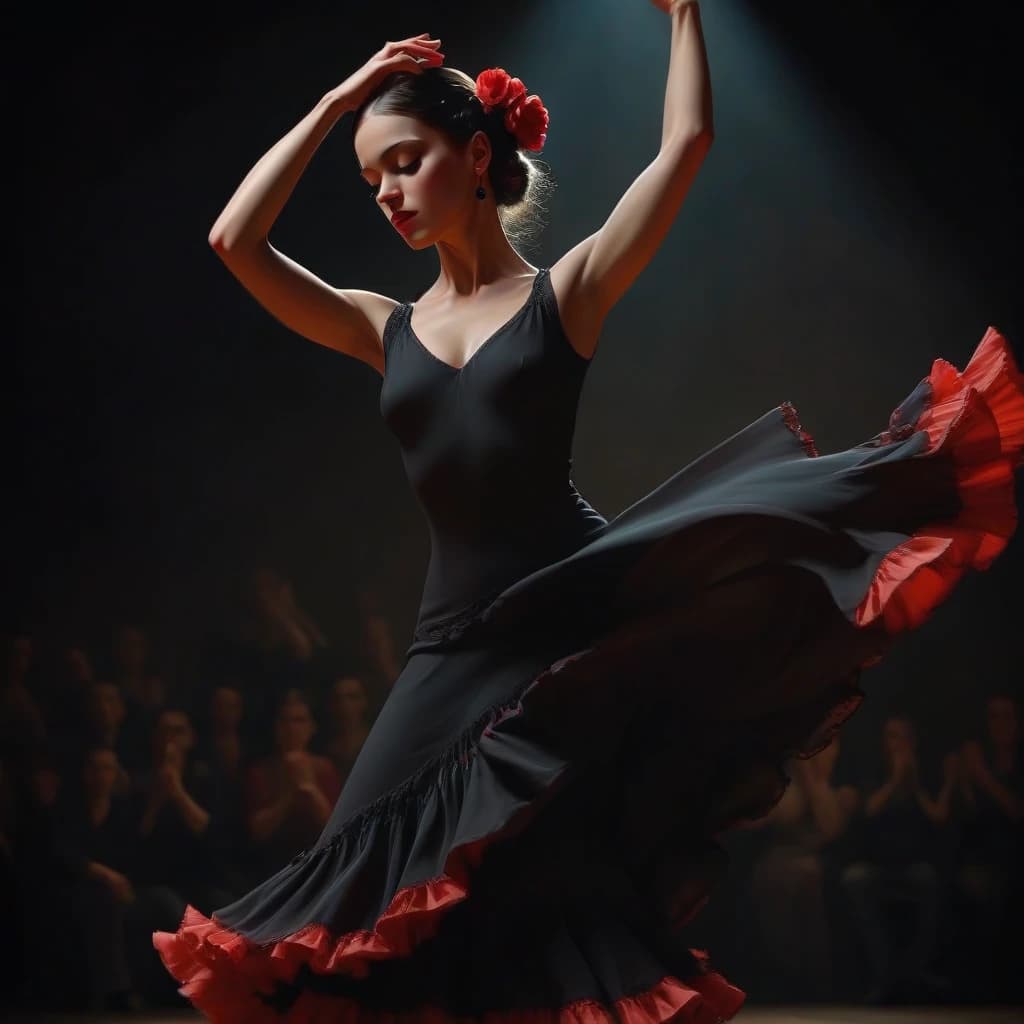 flamenco dance, a beautiful
girl dancing flamenco, passionately, in love, gracefully, beauty, subdued intimate light, complex steps, castanets, the audience is visible around in the semi-darkness