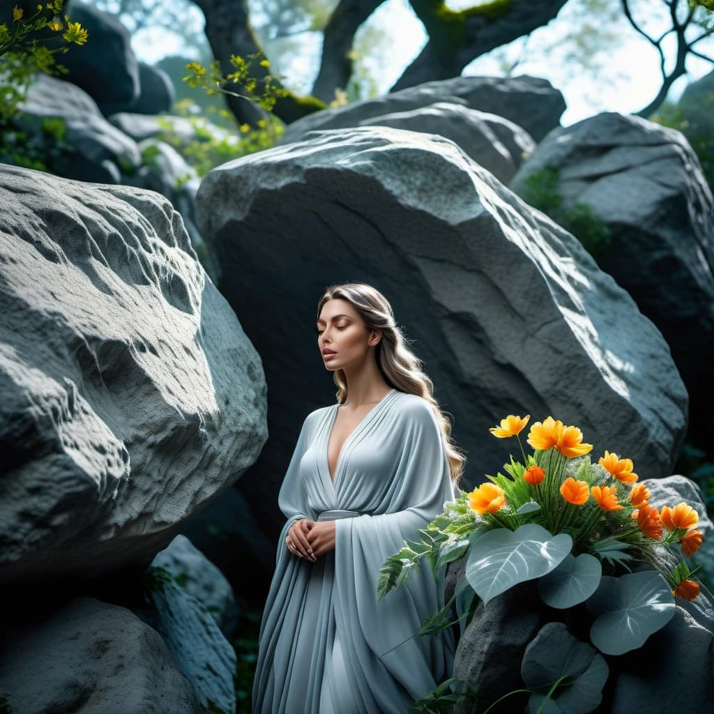 beautiful gray statue of a girl, immured in a huge stone rock, her hands are directly attached to the rock, her mouth is slightly open, the girl stands at full height, she is shrouded in roots and flowers, she is dressed in light clothes