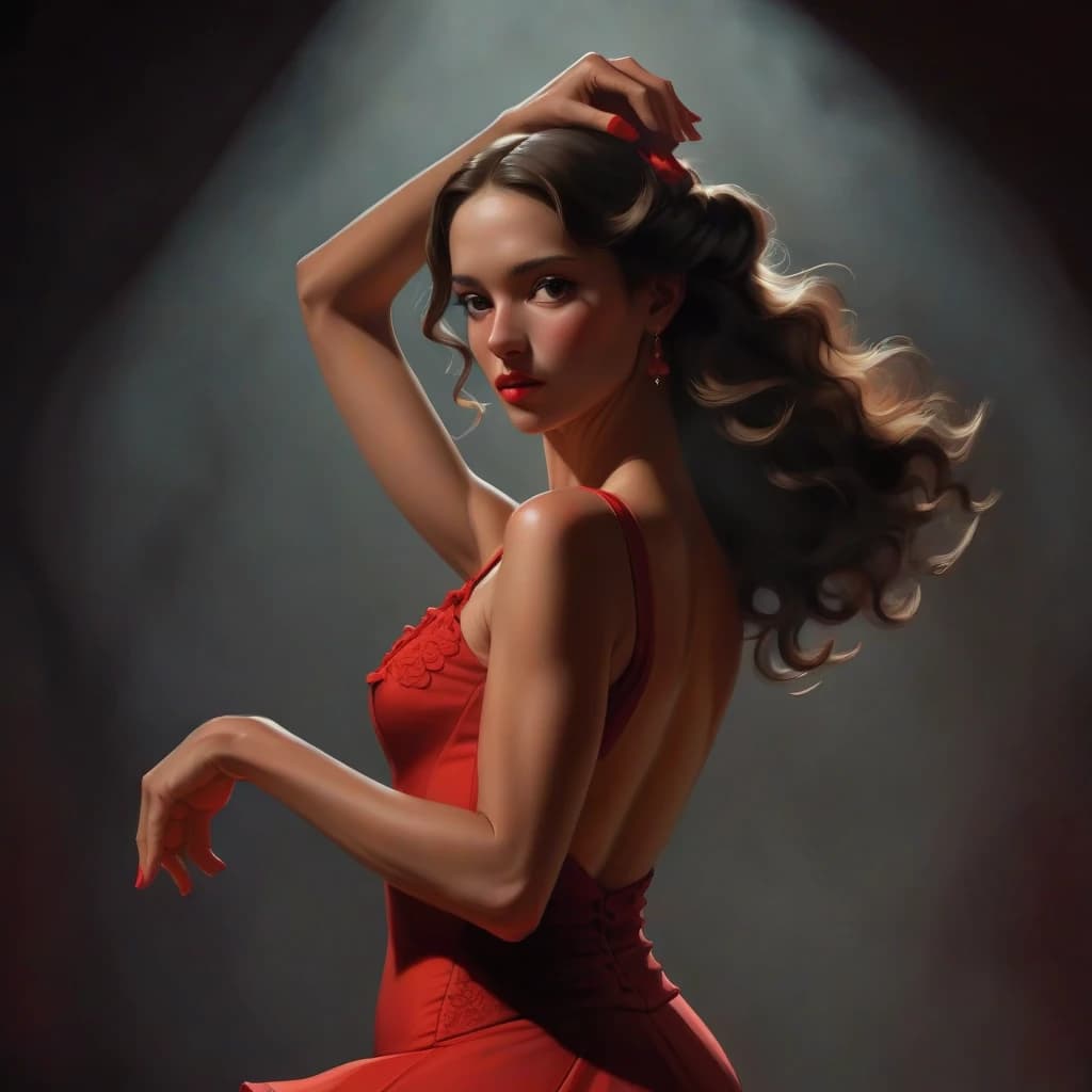 flamenco dance, beautiful
brunette girl, dancing flamenco, passionately, in love, gracefully, beauty, she is wearing a red dress, muted intimate light, complex steps, castanets, the audience is visible around in the semi-darkness