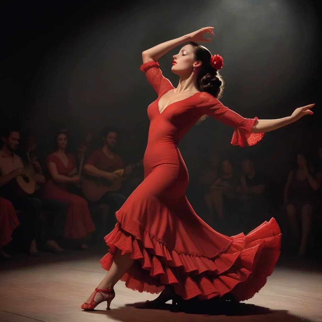 flamenco dance, beautiful
brunette girl, dancing flamenco, passionately, in love, gracefully, beauty, she is wearing a red dress, muted intimate light, complex steps, castanets, the audience is visible around in the semi-darkness