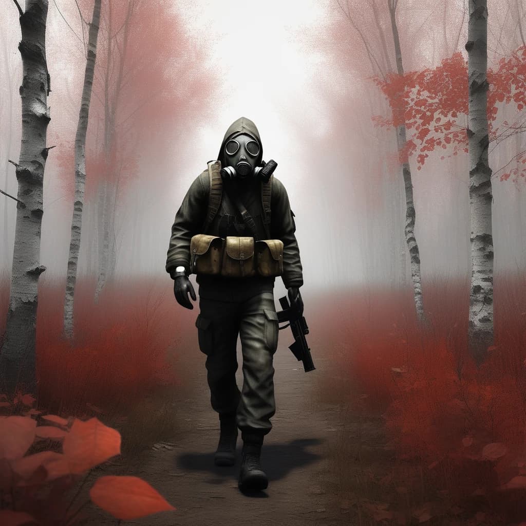 Тема: игра S.T.A.L.K.E.R
Сталкер идет в рыжем лесу(бору) в противогазе, в рюкзаке и автоматом Калашникова в руке. Сталкер идёт вдалеке лицом в камеру , на землю опущен туман, листья дерьев рыжие.
Стиль: игры S.T.A.L.K.E.R 2007 года