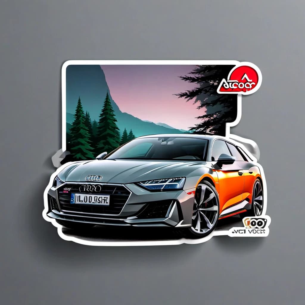 (sticker:1.5), cartoon style, (vector illustration:1.5), (Audi car:1.9) shines headlights on city street, headlights light is bright, flat vector,