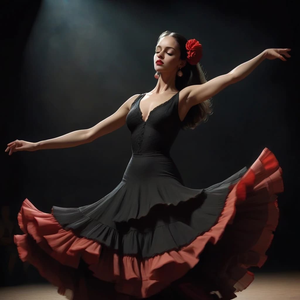 flamenco dance, a beautiful
girl dancing flamenco, passionately, in love, gracefully, beauty, subdued intimate light, complex steps, castanets, the audience is visible around in the semi-darkness