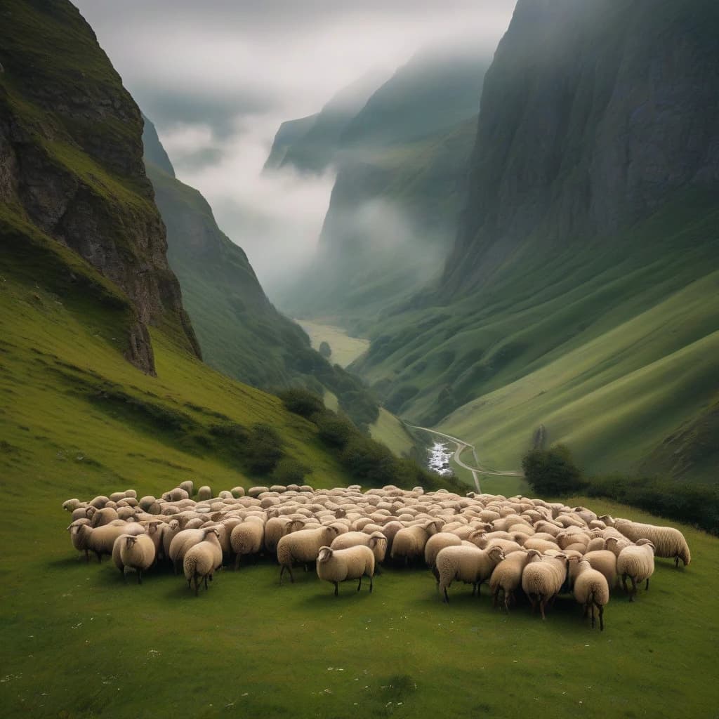 a herd of sheep standing on top of a lush green hillside, pexels contest winner, f1.8 anamorphic, mysterious canyon streams, 2019 trending photo, romanian heritage, by Chinwe Chukwuogo-Roy, hiking clothes, rocky roads, foggy weather, garis edelweiss, iphone video, by Alison Geissler