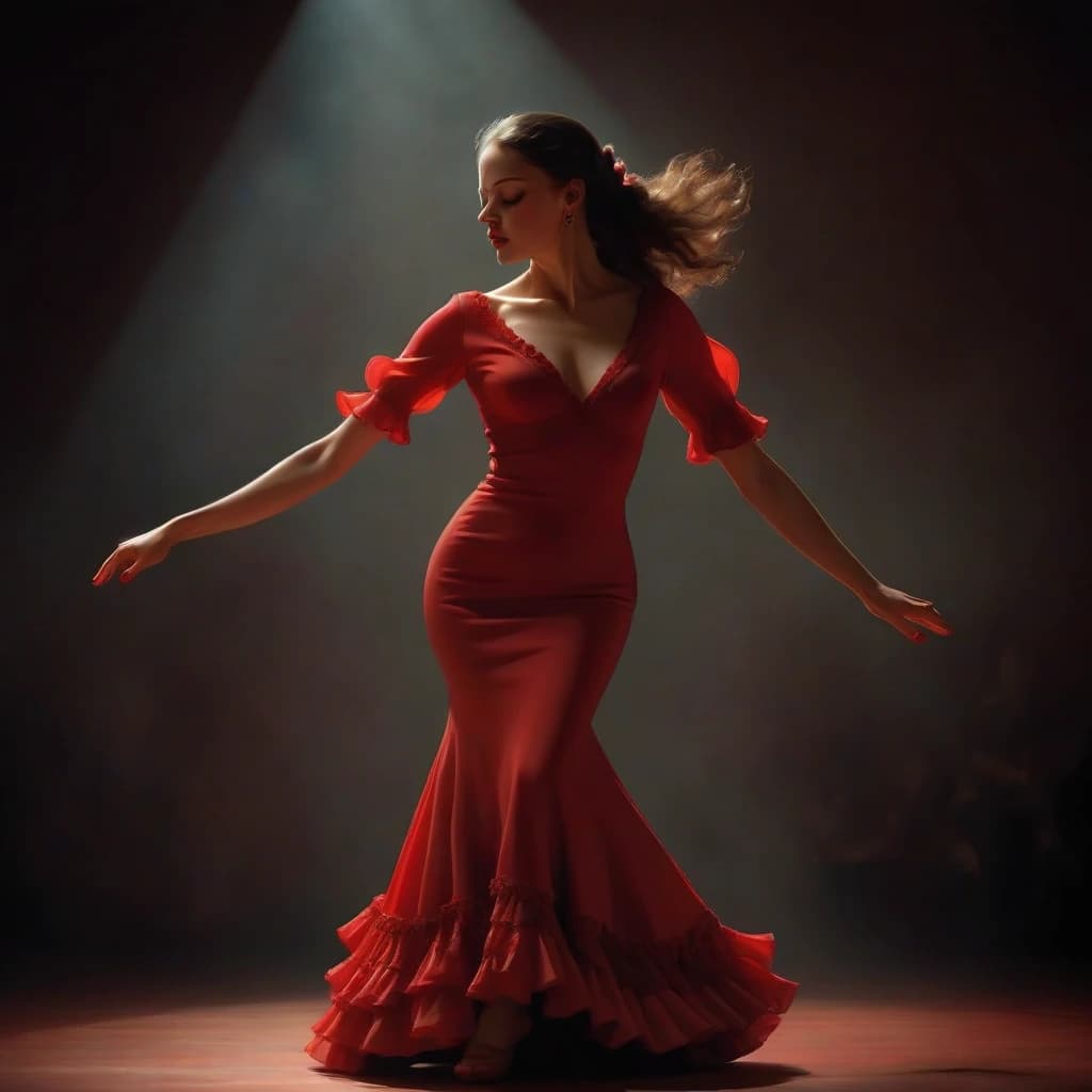 flamenco dance, a beautiful
girl dancing flamenco, passionately, in love, gracefully, beauty, she is wearing a red dress, muted intimate light, complex steps, castanets, the audience is visible around in the semi-darkness