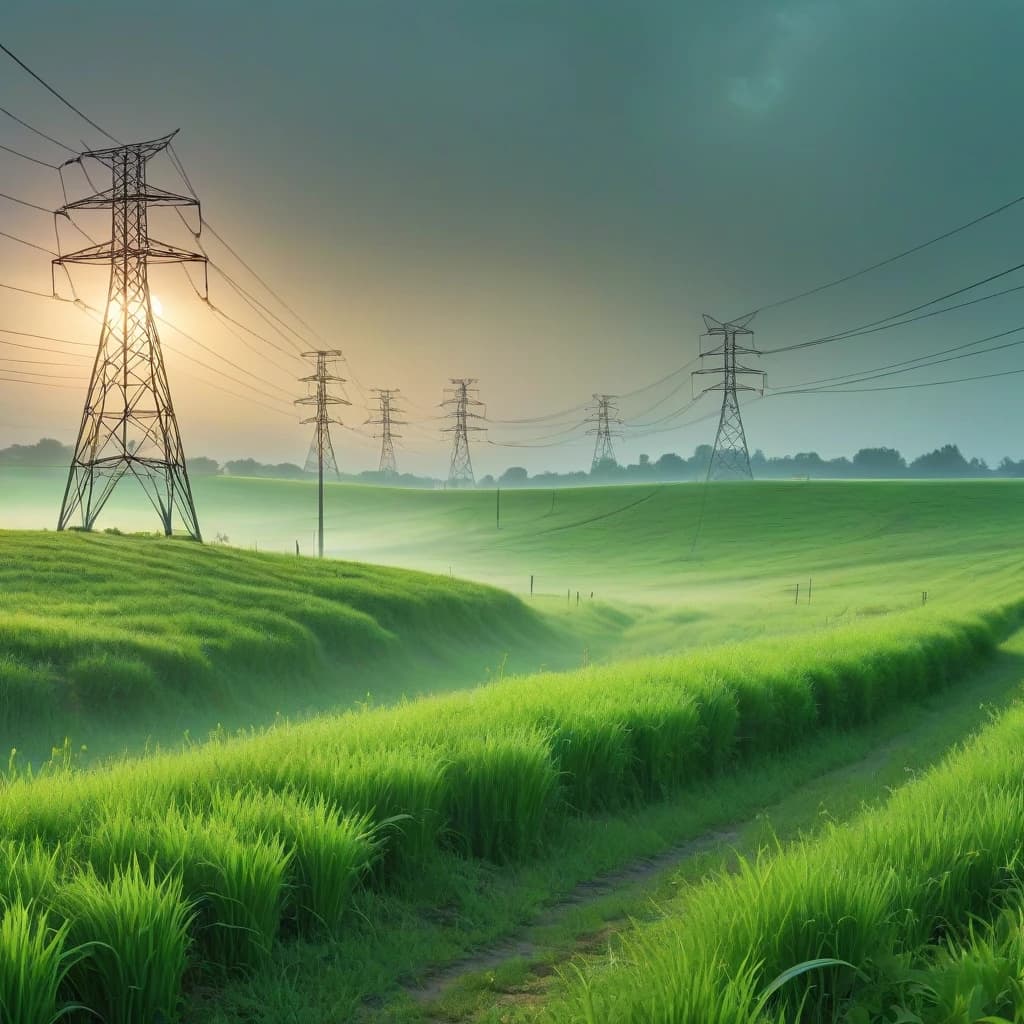 a field of green grass with power lines in the background, vector technical documents, electrons, panoramic photography, unsplash, visible sky and humid atmosphere, totalitarian setting, high voltage, connected, rustic yet enormous scp (secure, oil lines, hdpe, round-cropped