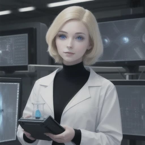 A beautiful woman-scientist with blonde hair and blue eyes is wearing a black classical suite. The woman looks kind and friendly. She is in a modern white futuristic laboratory. She is surrounded by modern equipment for research. The projectors are showing diagrams with some data in the air.