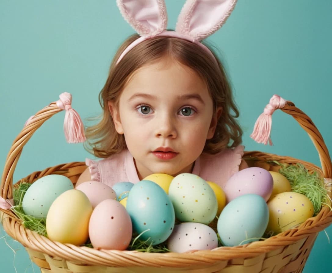 Realistic photo of child on Easter banner with Easter decorations in Easter basket, pastel colors, hole instead of face. Promotional stock photo. easter theme. Hyper - details, flat layout