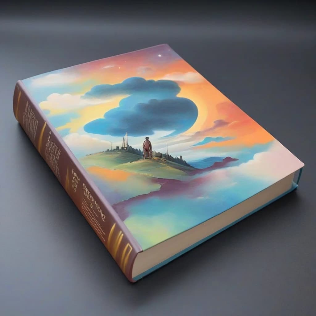 the thin book is closed and the cover is visible, the book radiates radiance, macro photography, against a background of white clouds and sun rays in beige and gold colors