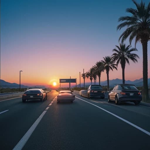 Minimalistic, the sun is setting behind palm trees on the side of the road, instagram contest winner, symmetric, inspired by Exekias, distant mountains lights photo, future miramar, full width, getty images, cars on the road, neon! retrowave, michael margetts, for a beautiful, photo ultra realistic, petrol station, license plate "Joe Chip"