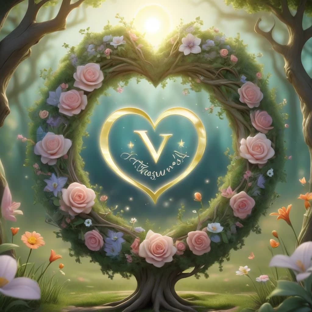 A fairy tale style logo for "Vasilisa's Treasures" workshop. At the center, there is a magical tree with branches forming a circle,surrounded by flowers and grass. On the branches, there are soft flowers and symbols representing different "magical candles" (heart, star, moon, and whirlpool). Under the tree, the name "Vasilisa's Treasures" is written in an elegant script, highlighted in gold or silver color. Around the name, there are soft decorative elements.
