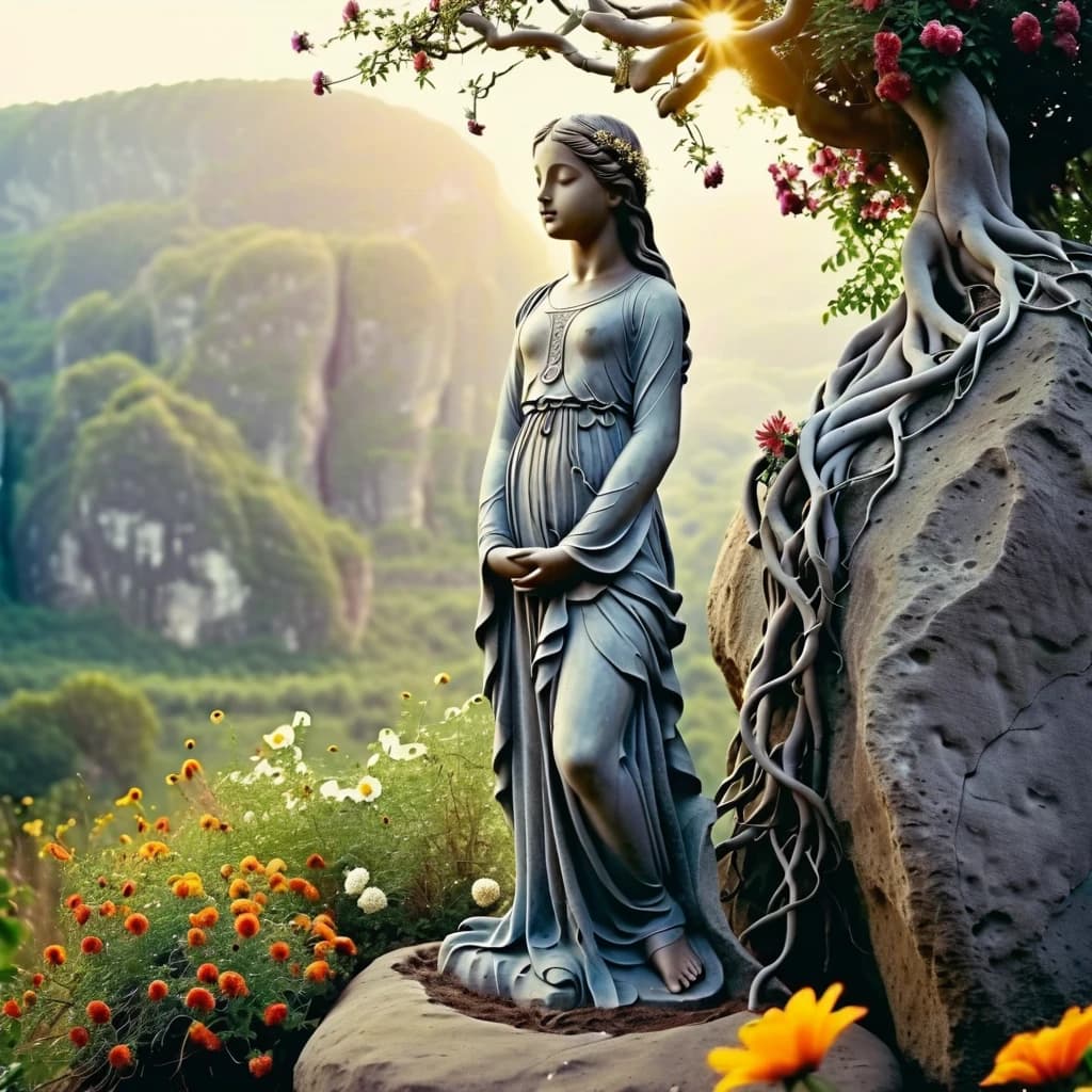 beautiful grey statue of a girl in a rock, the girl is standing in a feminine pose, in full growth, she is wrapped in roots and flowers, she is dressed in light clothes