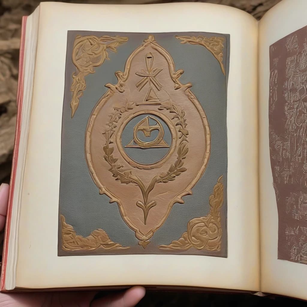 величественная книга в кожаном переплете с витиеватыми буквами, тисненными золотой фольгой на обложке, лежит закрытой и слегка согнутой, излучая теплое, неземное сияние, которое освещает окружающее пространство, запечатленное в мельчайших деталях макросъемки на ярком, мечтательном фоне кружащихся белых вихрей и мерцающих огней приглушенного бежевого цвета и золотые оттенки, навевающие ощущение таинственности и древней мудрости.