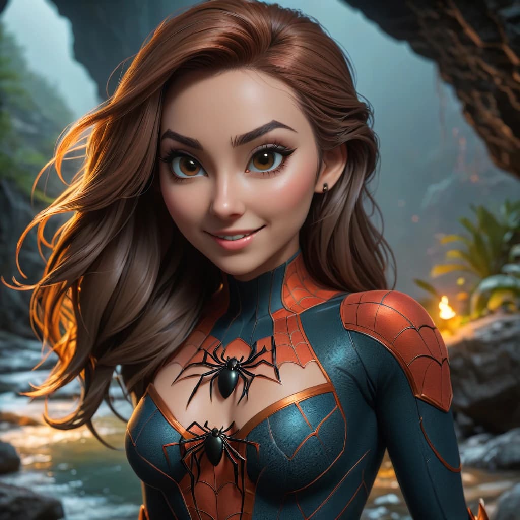 spider girl, beautiful smile, standing on the water, web, near a cave, waterfall, night (dark shot:1.17), epic realistic, faded, ((neutral colors)), art, (hdr:1.5), (muted colors:1.2), hyperdetailed, (artstation:1.5), cinematic, warm lights, dramatic light, (intricate details:1.1), complex background, (rutkowski:0.8), (teal and orange:0.4), Details, ((intricate details)), hdr, ((intricate details, hyperdetailed))
