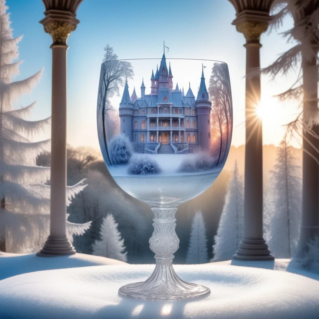 Double exposure image. A beautiful winter landscape with a glittering fairytale palace placed in an elegant glass goblet with a ((sparkling rim)):: glow, trees in hoarfrost, sparkles, frosty patterns. The texture of the glass is well rendered. Exquisite rocaille and fantasy surrealism. Decorative excesses. Josephine Wall. Fragonard and Antoine Watteau. Sabbas Aptheros, Alfonso Mucha, Carole Buck, Andrew Jones, Gustav Klimt. High detail. High contrast. Harmony of the cold tones of winter. High quality. HDR