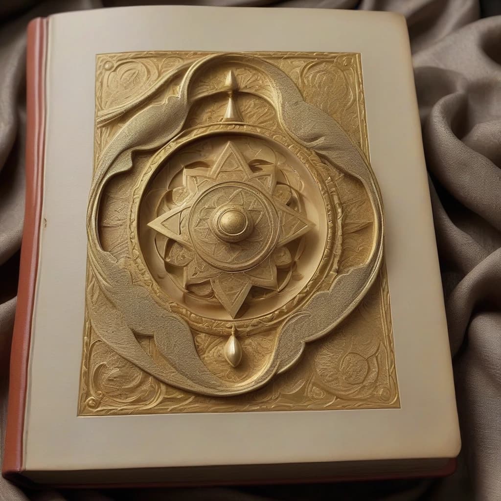 a majestic, leather-bound book with ornate, gold-foiled letters embossed on its cover, lies closed and slightly folded, exuding a warm, ethereal glow that illuminates the surround, captured in extreme macro photography detail, set against a vibrant, dreamy backdrop of swirling white whirlwinds and shimmering lights in muted beige and gold hues, evoking a sense of mystique and ancient wisdom.