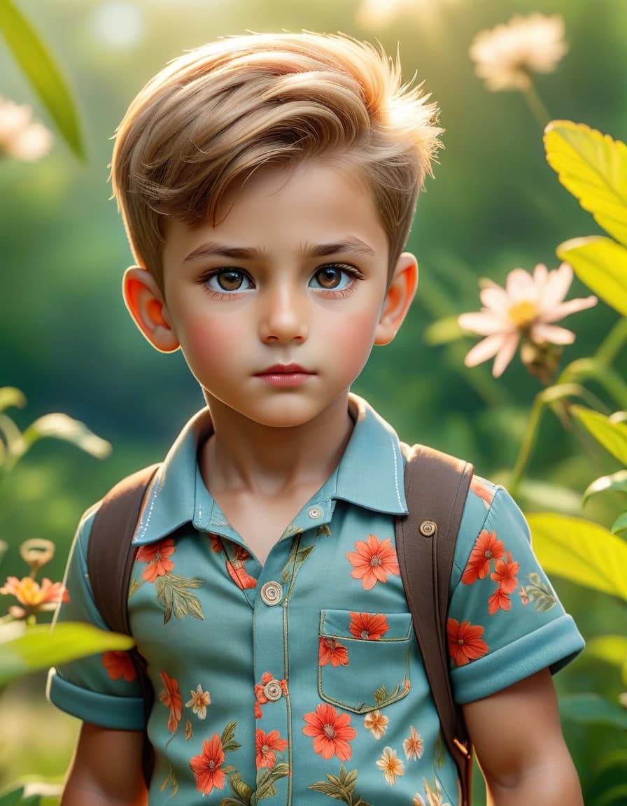 High quality photorealistic image, a pre-school boy in full-face in beautiful summer clothes of the 21st century on a beautiful background