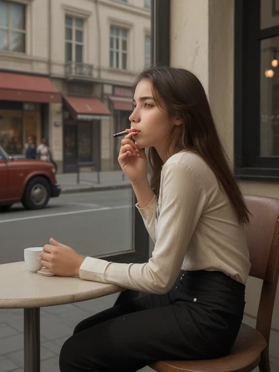 a young guy is sitting and looking at the street from a cafe, he is smoking, a beautiful girl passes by the window