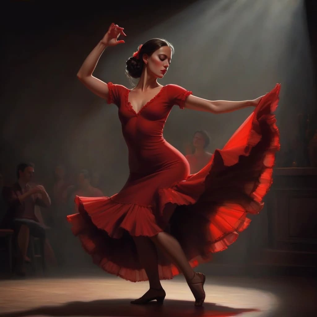 flamenco dance, beautiful
brunette girl, dancing flamenco, passionately, in love, gracefully, beauty, she is wearing a red dress, muted intimate light, complex steps, castanets, the audience is visible around in the semi-darkness