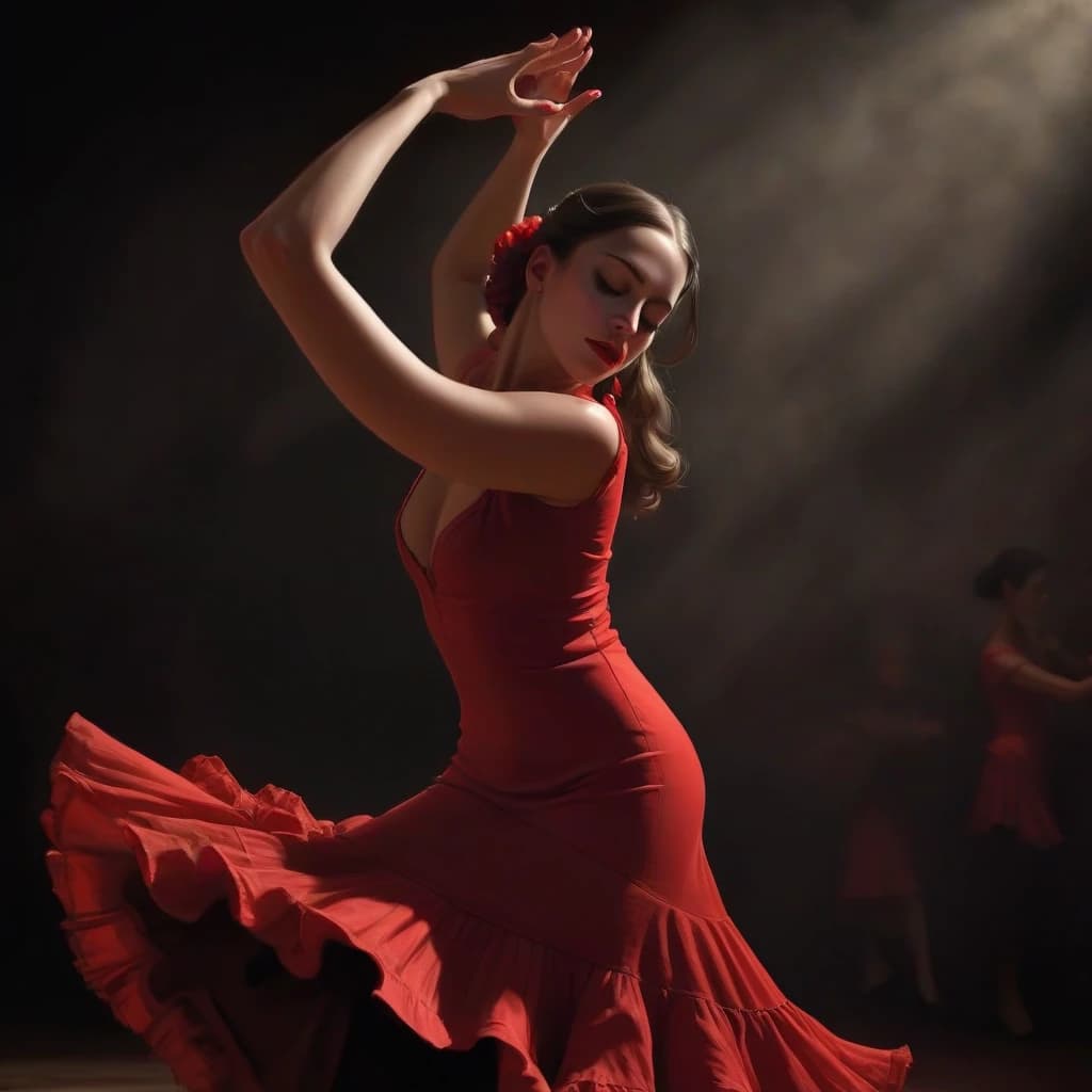 flamenco dance, beautiful
brunette girl, dancing flamenco, passionately, in love, gracefully, beauty, she is wearing a red dress, muted intimate light, complex steps, castanets, the audience is visible around in the semi-darkness