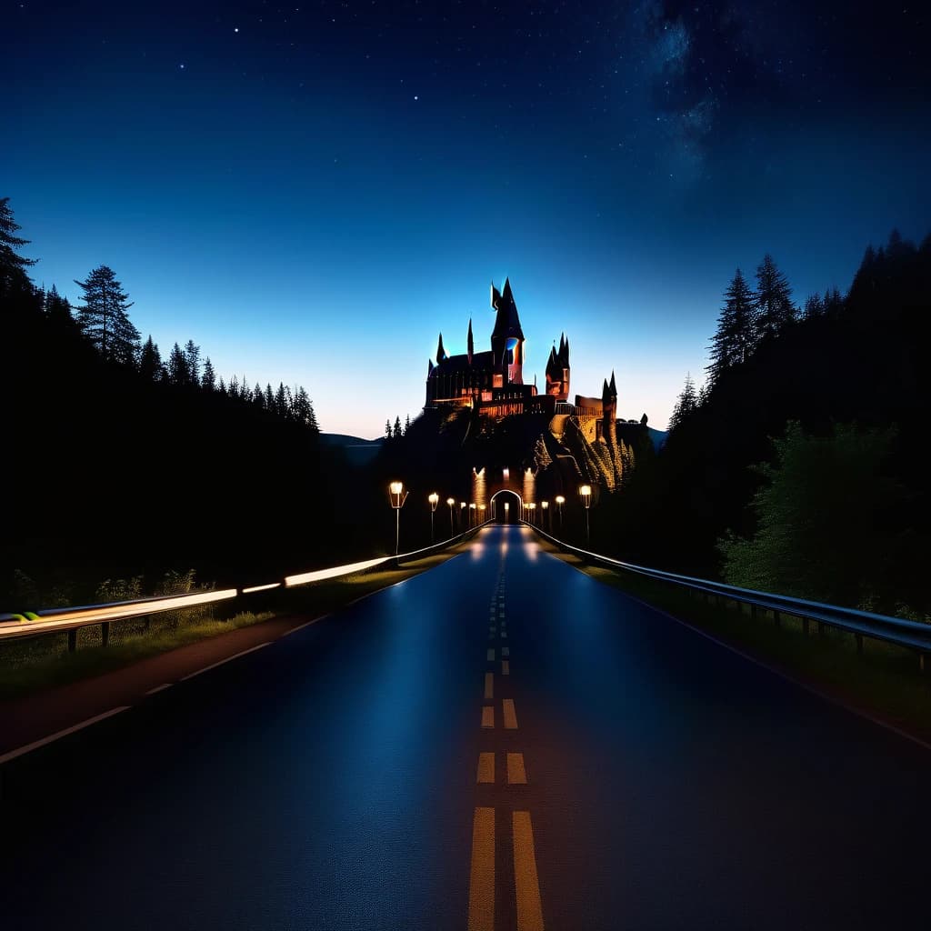 Замок Hogwarts, по средине, с левой стороны от замка дорога прямая осфальтированная с древними фонорями, справа лес и озеро, в темное время суток, и небо со звездами в виде символа темного лорда