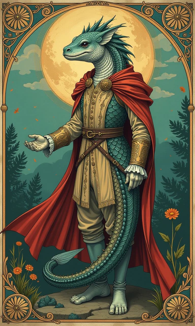 A full-length portrait. A sea creature that looks like a man in cheap medieval clothes.