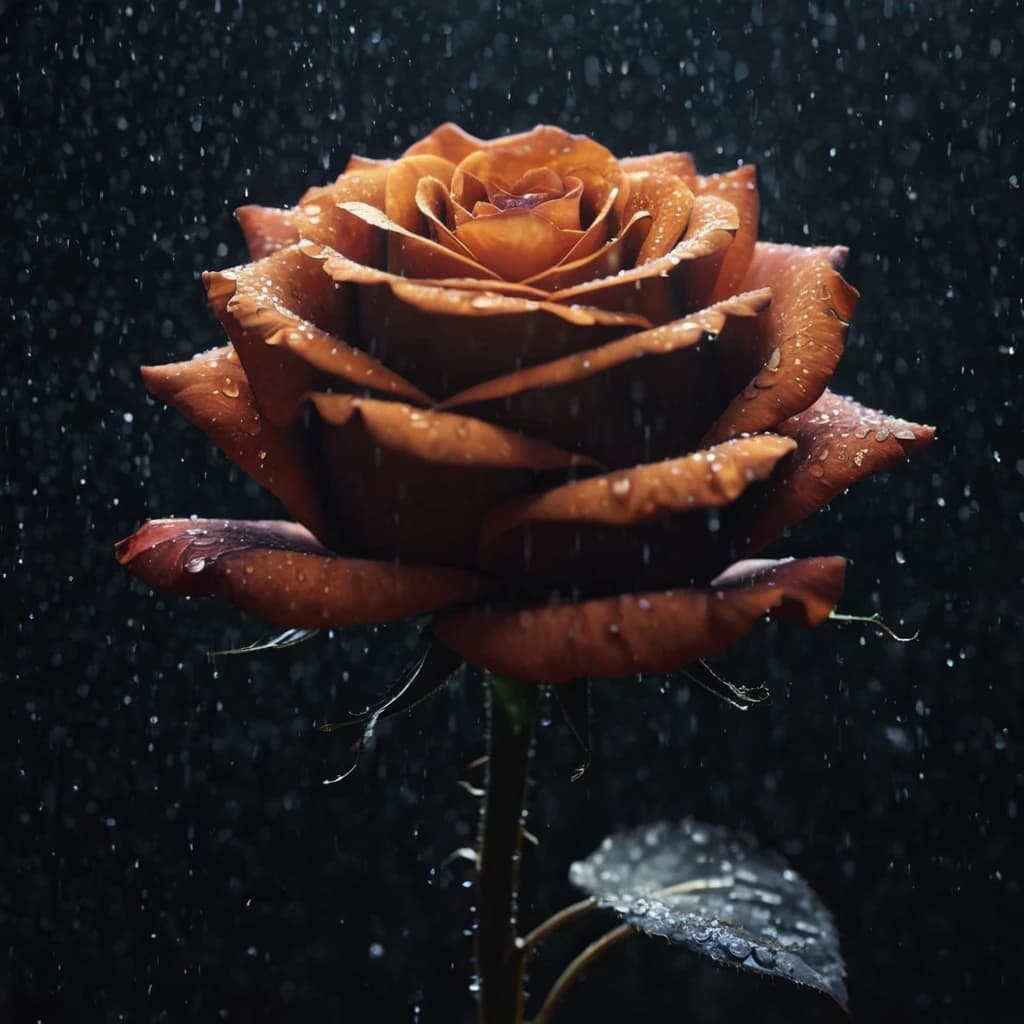 ASCII Masterpiece, (cosy), (ultra high res, mj,best quality,highly detailed:1.5),(cinematic),(volumetric lighting, volumetric shadows:1.5),Amazing, (8k details),(photorealistic:1.4), (warm lighting,ray tracing,dynamic lighting:1.5),
a black rose up close illuminated by divine grace radiated with ancestral light on a rainy day