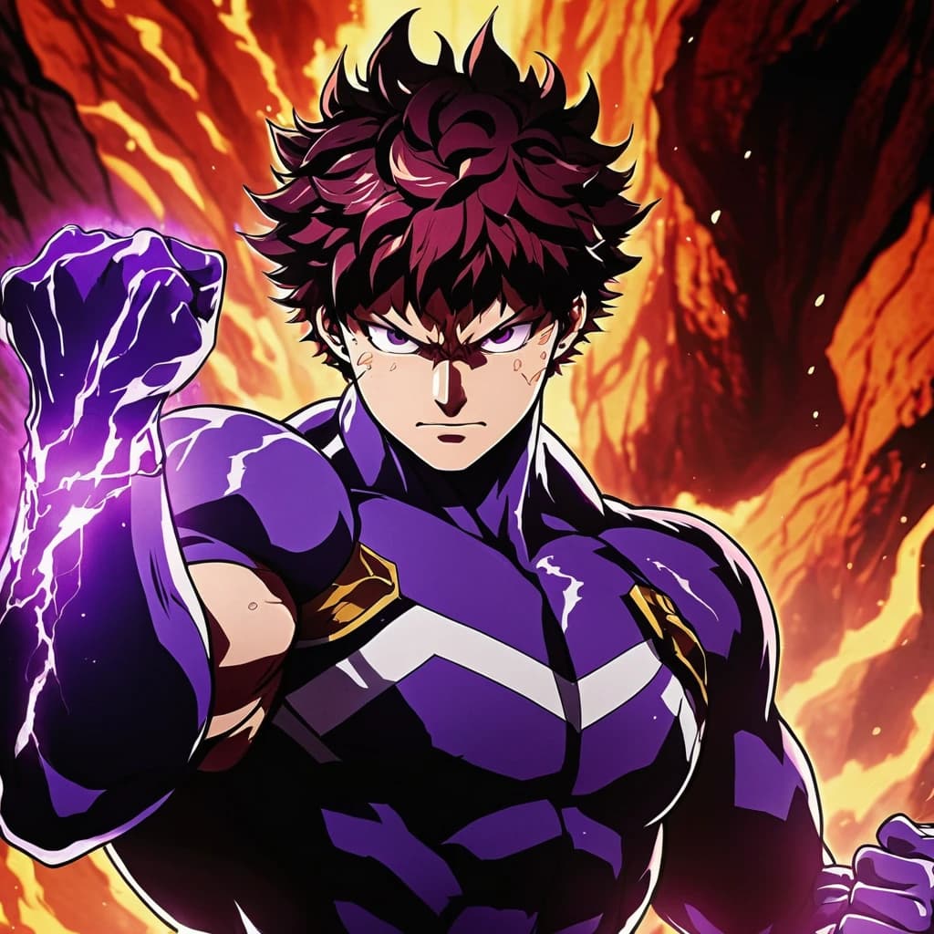 a close up of a person with an evil look on their face, anime wallpaper, showing off his muscles, gradient black to purple, boku no hero academia style, fiery aura, character is covered in liquid, dark cavern, one fist raised high in triumph, morph, exploitable image, heroic human proportions, shredded, trending top art, light academia aesthetic