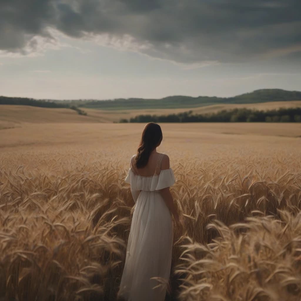 (masterpiece:1.4),, (best quality:1.4),, ultra-high res,, 8K, CG,, (extremely delicate and beautiful:1.2),, , upper body,, from side,, looking at viewer,, , 1girl,, solo,, fashi-girl,, mature girl,, , cute, sweet,, , in the wheat field,, blurry background,, , long brown hair,,