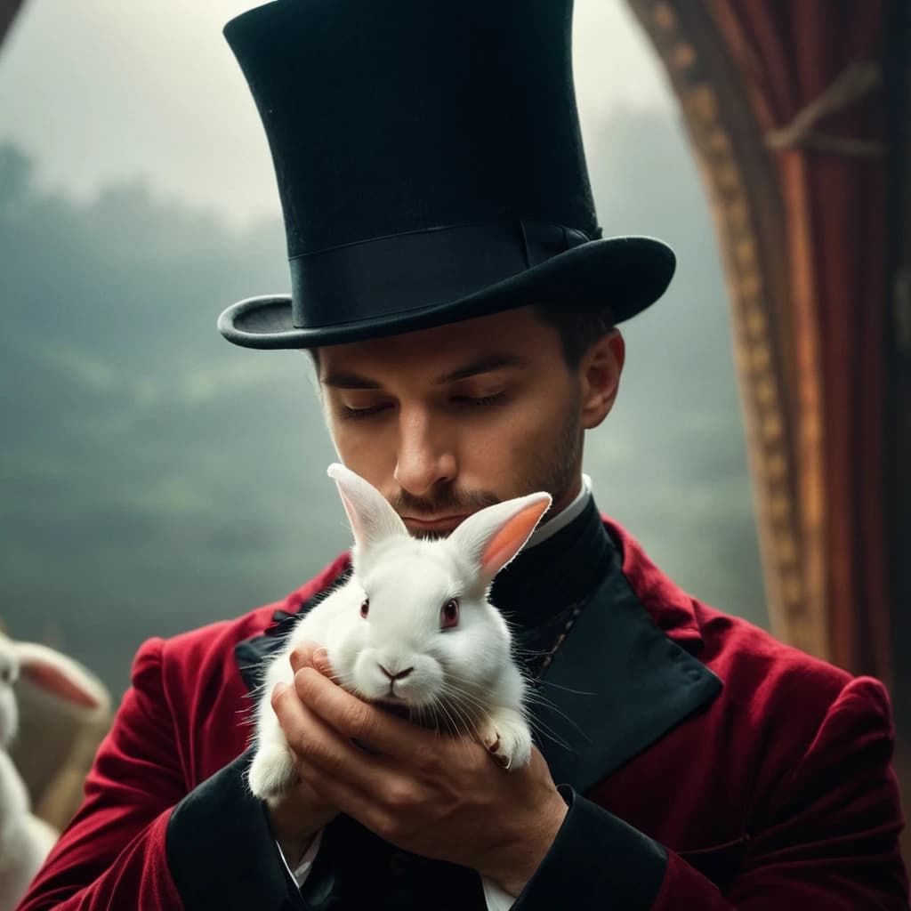 A human magician holds a hat in his hands, a small white rabbit looks out of this hat and bites the brim of the hat, artistic style with large details, hdr, attractive, beautiful, interesting details, artstation